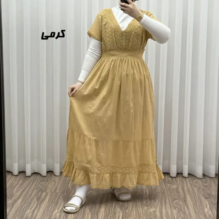 پیراهن ساحلی نخی آستین کوتاه مدل سلن فری سایز مناسب تا 46